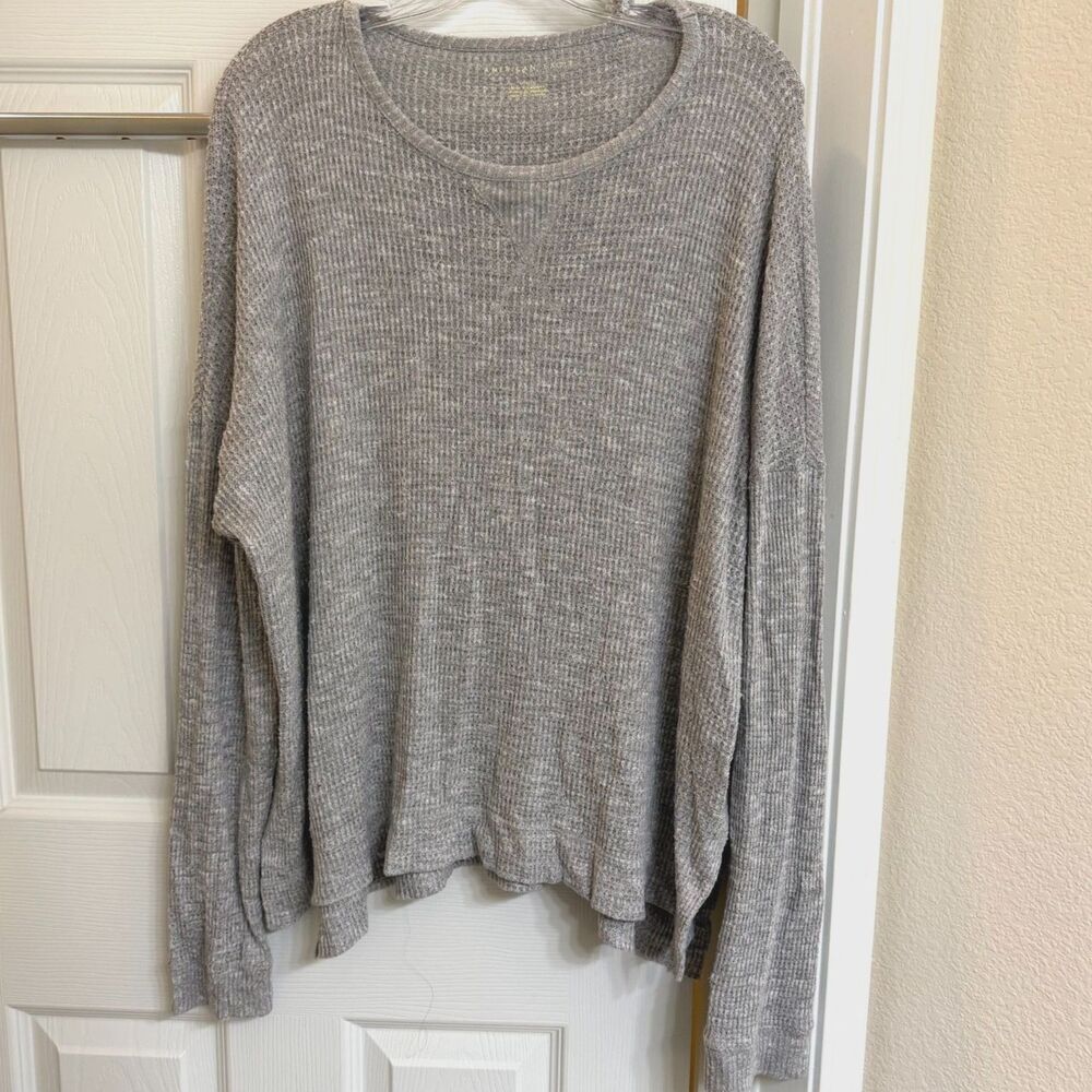 American Eagle Heathered Grey Waffle Knit Oversized Pullover Top Size L